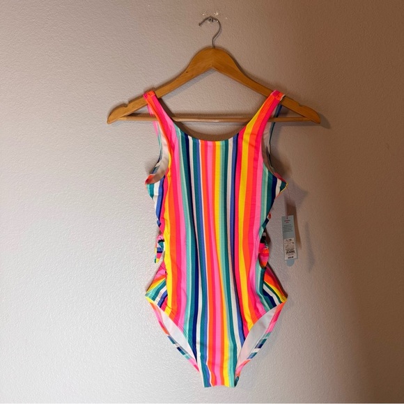 New Cat & Jack Girls XL Multi Colored Striped Swimsuit Bathing Suit - Picture 4 of 16